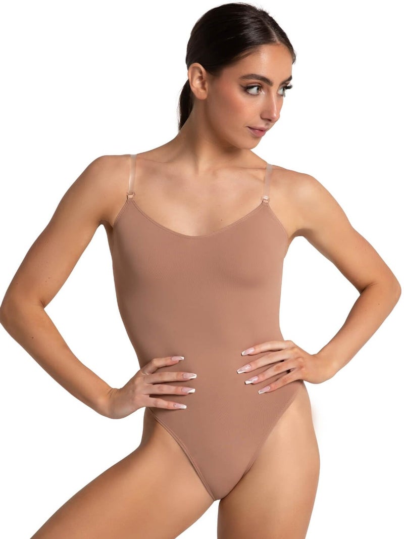 Capezio Women's Camisole Leotard with Clear Transition Straps, Suntan, Small - Image 1